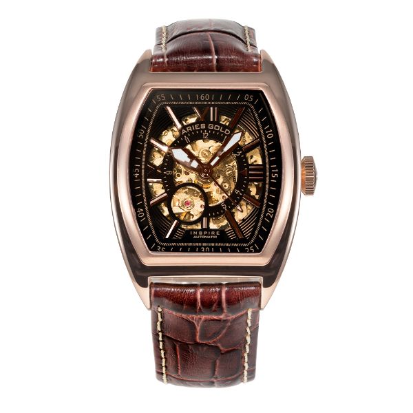 ARIES GOLD AUTOMATIC INFINUM CRUISER ROSE GOLD STAINLESS STEEL G 901 RG-BKRG BROWN LEATHER STRAP MEN'S WATCH